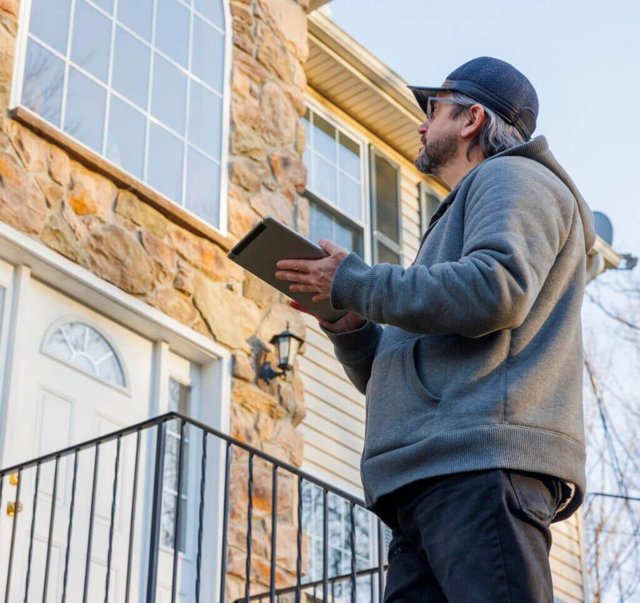 Person in a gray hoodie assesses a stone and siding exterior home with a tablet.